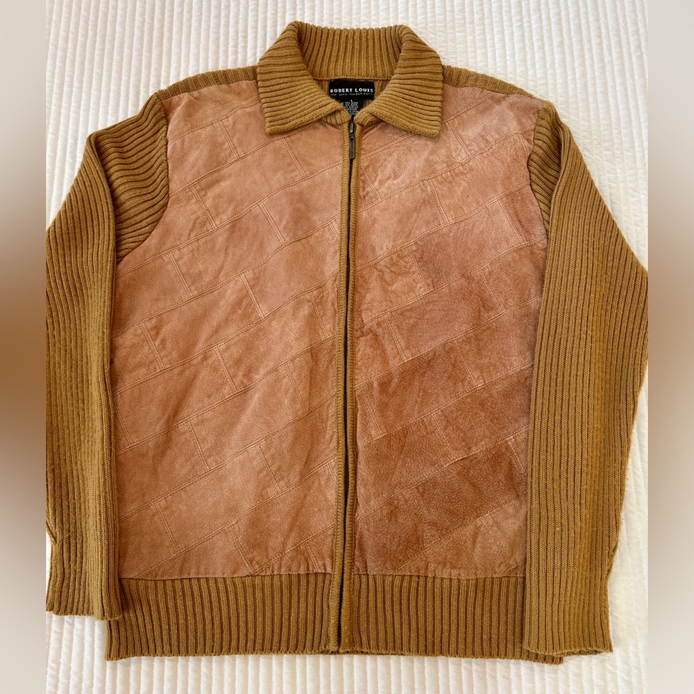 Vintage Full Zip Cardigan Sweater Suede Leather Knit Mens